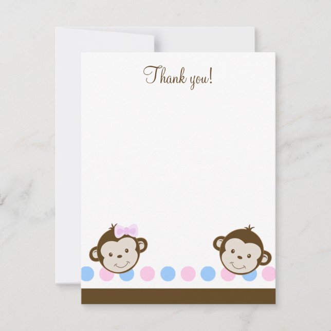 Twin Mod Monkeys boy/girl 4x5 Flat Thank you note (Front)