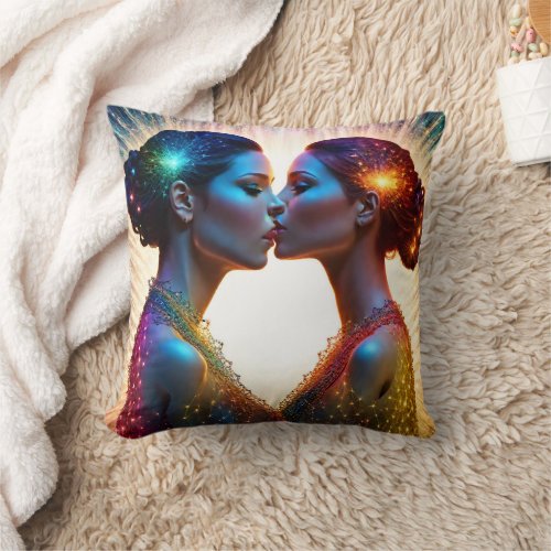 Twin Models Kissing With Colorful Sparkles Throw Pillow