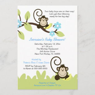 Twin Monkey Baby Shower Invitation (Size 5x7)