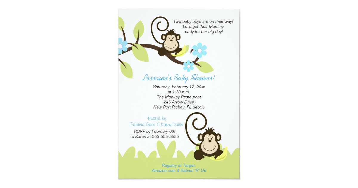 Twin Monkey Baby Shower Invitation (Size 5x7) | Zazzle.com