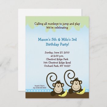 Twin Monkey Birthday Invitation (smaller Invite) by allpetscherished at Zazzle