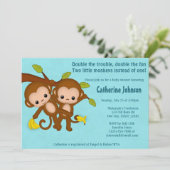 TWIN Monkeys Baby Shower Invitations BLUE MM2 (Standing Front)