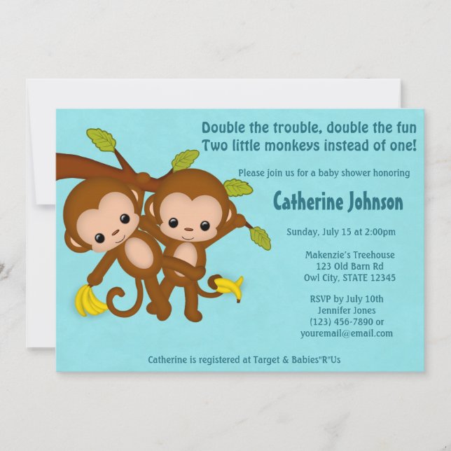TWIN Monkeys Baby Shower Invitations BLUE MM2 (Front)