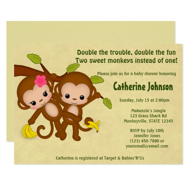 TWIN Monkeys Baby Shower Invitations BOY GIRL