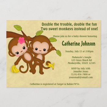 Twin Monkeys Baby Shower Invitations Boy Girl by MonkeyHutDesigns at Zazzle