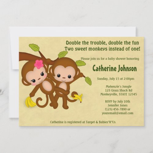 TWIN Monkeys Baby Shower Invitations BOY GIRL