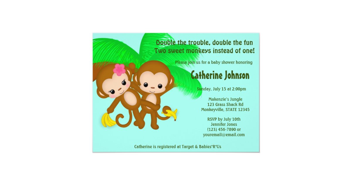 Twin Monkeys Baby Shower Invitations Boy Girl Zazzle Com
