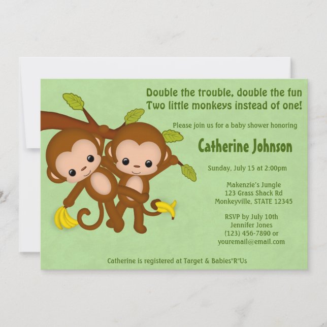TWIN Monkeys Baby Shower Invitations GREEN MM2 (Front)