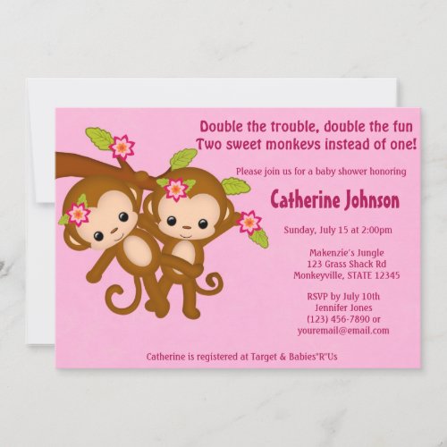 TWIN Monkeys Baby Shower Invitations PINK MM2