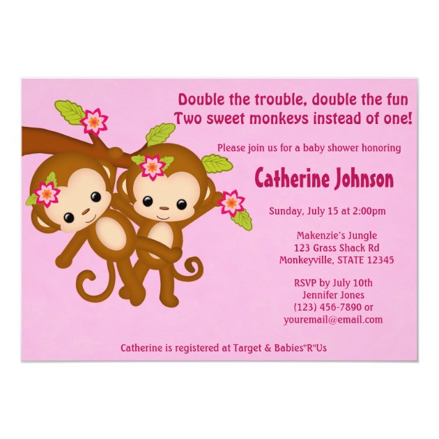 TWIN Monkeys Baby Shower Invitations PINK MM2