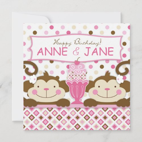 Twin Monkeys  Ice Cream Sundae Birthday Card