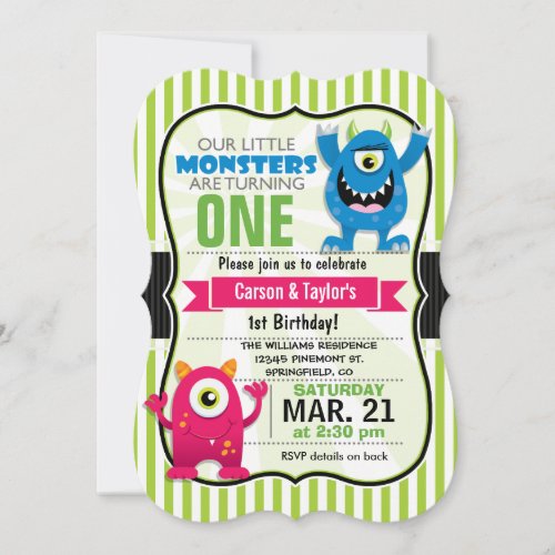 Twin Monsters Birthday Party Invitation