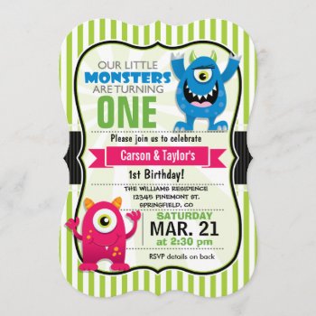 Twin Monsters Birthday Party Invitation by Card_Stop at Zazzle