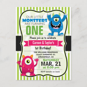 Twin Monsters Birthday Party Postcard Invitation