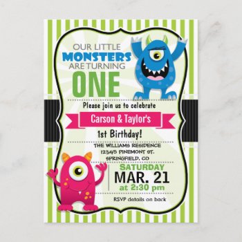 Twin Monsters Birthday Party Postcard Invitation by Card_Stop at Zazzle