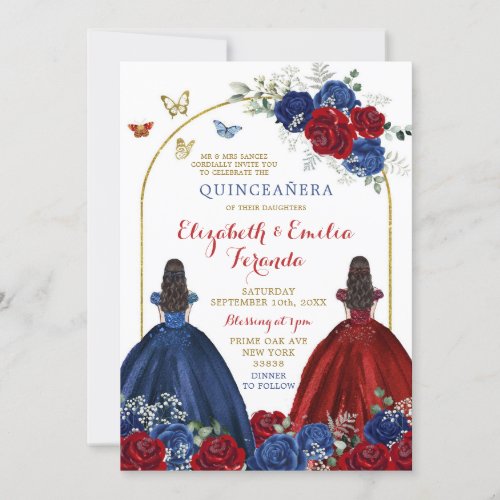 Twin Navy Blue Red Rose Princesses Quinceaera Invitation