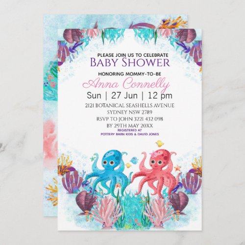 Twin Ocean Sea Colourful Boy Octopus Baby Shower Invitation