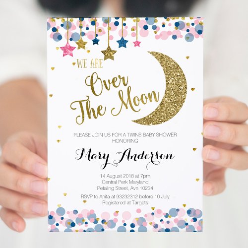 Twin Over the Moon Baby Shower Invitation