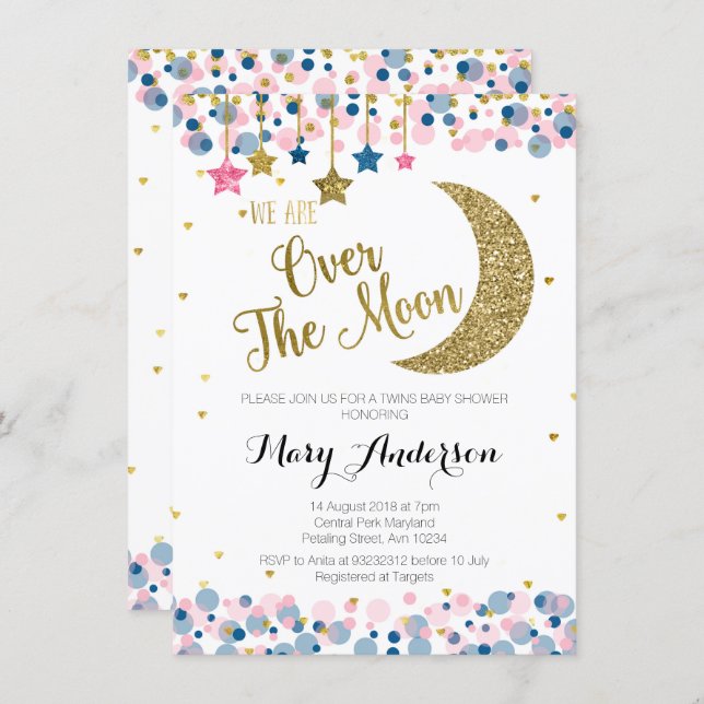 Twin Over the Moon Baby Shower Invitation (Front/Back)