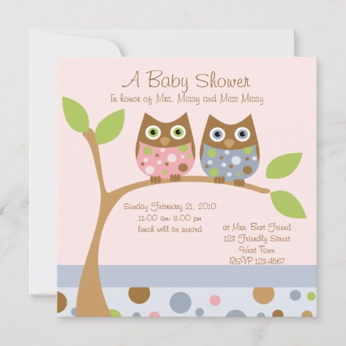 Twin Owl Baby Shower Invitation