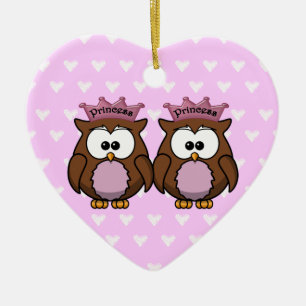 twin owl princesses ceramic ornament