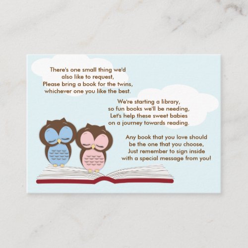 Twin Owls Baby Shower Book Insert Request Card