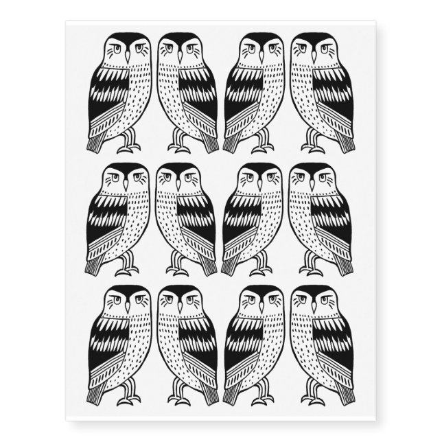 Twin Owls black line drawing Temporary Tattoos (Front)