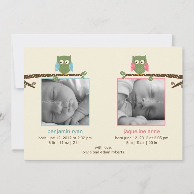 Twin Owls (Boy & Girl) Birth Announcements
