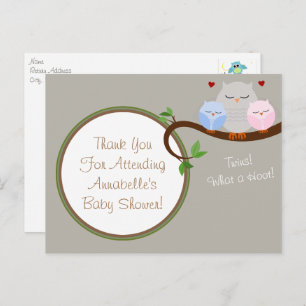 Twin Owls Boy & Girl Thank You Postcard