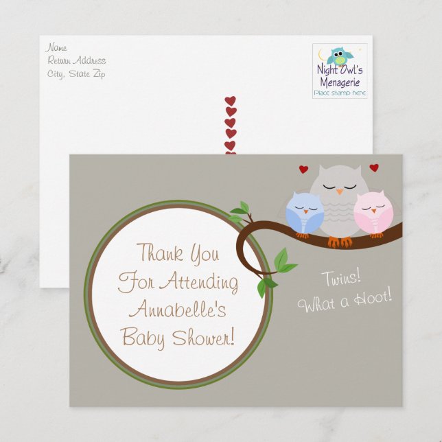 Twin Owls Boy & Girl Thank You Postcard (Front/Back)