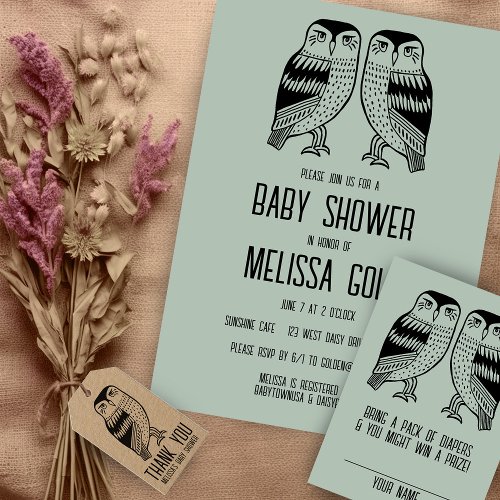 Twin Owls Cute Simple Chic BABY SHOWER CUSTOM Invitation