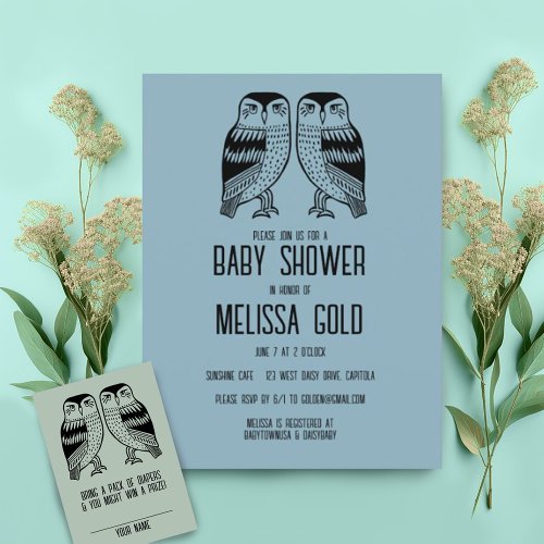 Twin Owls Cute Simple Chic BABY SHOWER CUSTOM Invitation