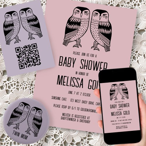 Twin Owls Cute Simple Chic BABY SHOWER CUSTOM Invitation