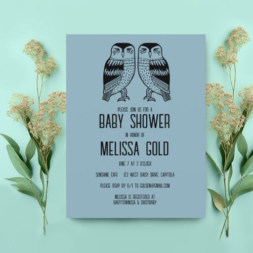 Twin Owls Cute Simple Chic BABY SHOWER CUSTOM Invitation Postcard