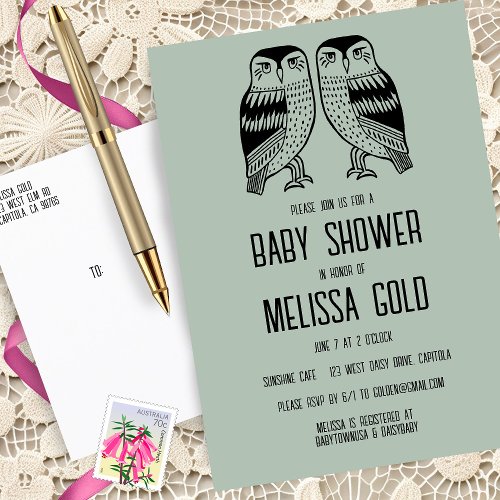 Twin Owls Cute Simple Chic BABY SHOWER CUSTOM Invitation Postcard