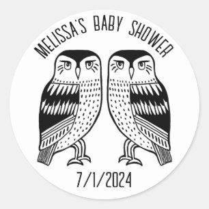 Twin Owls Cute Simple Chic CUSTOM BABY SHOWER Classic Round Sticker