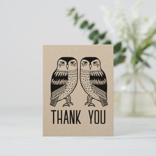 Twin Owls Cute Simple Chic CUSTOM Kraft Thank You Card