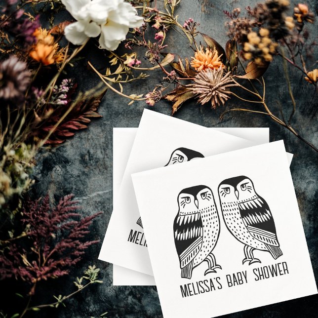 Twin Owls Cute Simple Chic CUSTOM  Napkins (Twin Owls Cute Simple Chic CUSTOM baby Shower Birthday CUSTOM NAME Party Napkins
)