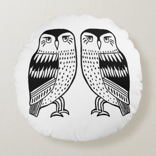 Twin Owls Cute Simple Modern Minimalist Round Pillow