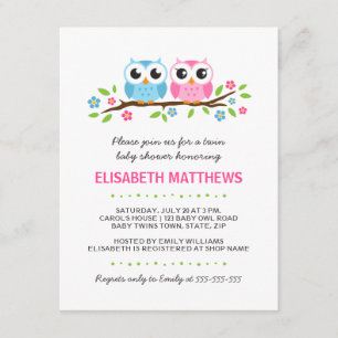 Twin owls on floral branch boy girl baby shower invitation