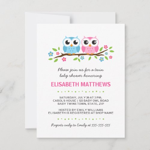 Twin owls on floral branch boy girl baby shower invitation