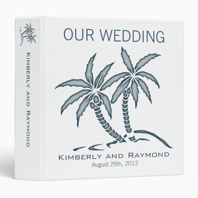 Twin Palm Trees Tropical Blue Our Wedding 3 Ring Binder (Front/Spine)