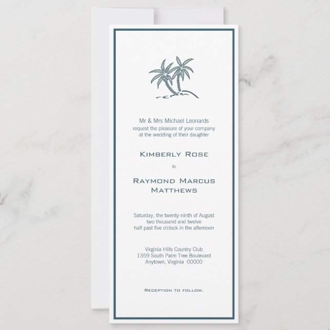 Twin Palm Trees Tropical Blue Wedding Invitation (Front)