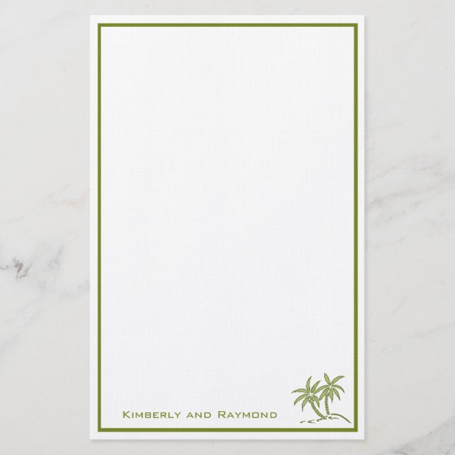 Twin Palm Trees Tropical Green Personalized Stationery (Front)