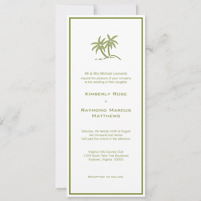 Twin Palm Trees Tropical Green Wedding Invitation (Front)