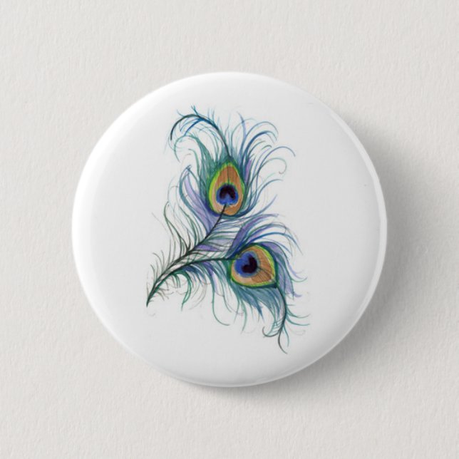 Twin Peacock Feather Pencil Drawing Button (Front)