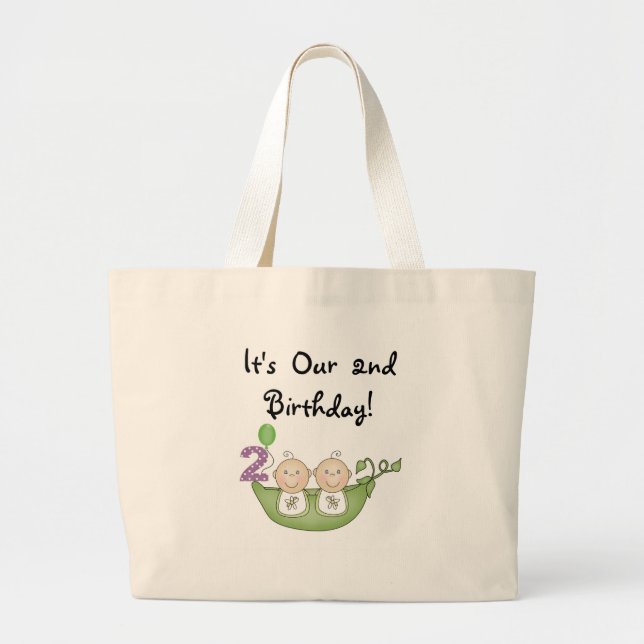 Twin Peas in a Pod 2nd Birthday T-shirts and Gifts Large Tote Bag (Front)