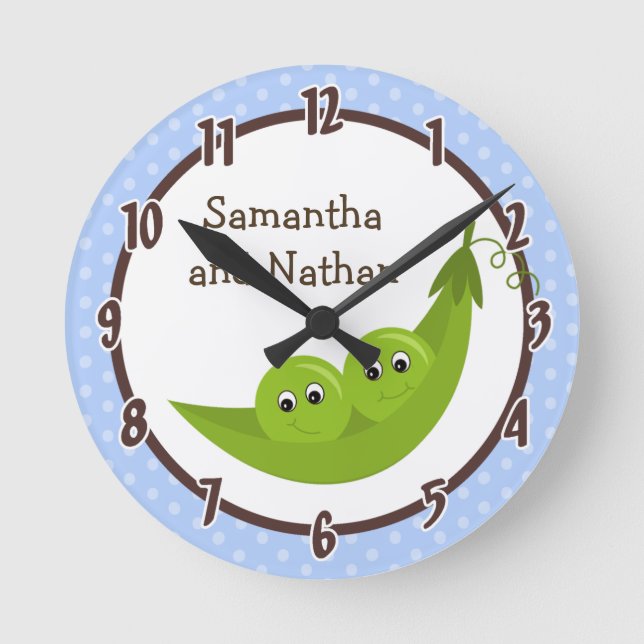 Twin Peas in a Pod Blue Polka Personalized Clock (Front)