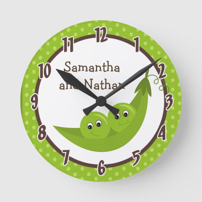 Twin Peas in a Pod Green Polka Personalized Clock (Front)