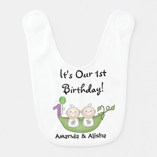 Twin Peas in Pod First Birthday Baby Bib (Front)